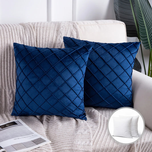 18" X 18" Modern Navy Blue Plaid Velvet, Polyester Throw Pillow , ( 2 Count)