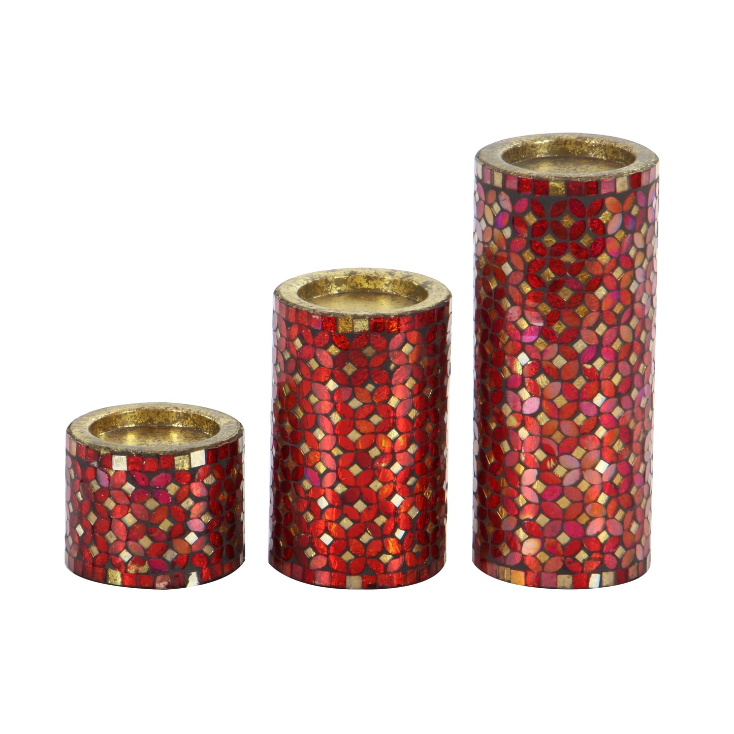 3 Candle Red Metal Pillar Candle Holder with Mosaic Pattern, Set of 3