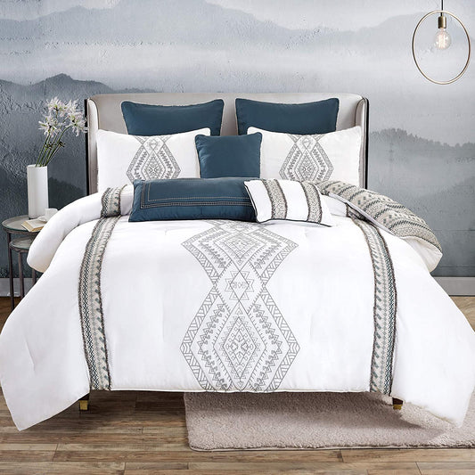 8 Piece Comforter Bedding in a Bag with Pillow Shams and Cushions - Elegant Pattern in White, Gray (21862, King/California King)