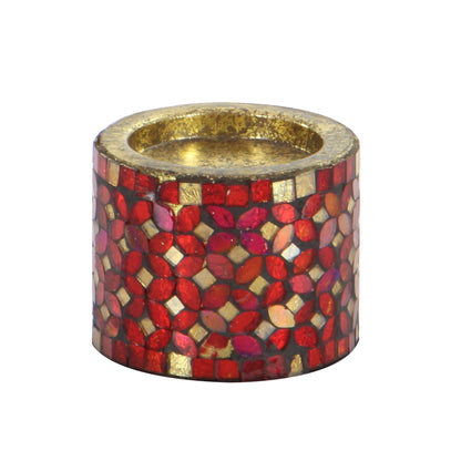 3 Candle Red Metal Pillar Candle Holder with Mosaic Pattern, Set of 3