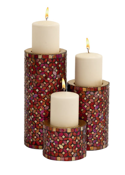 3 Candle Red Metal Pillar Candle Holder with Mosaic Pattern, Set of 3