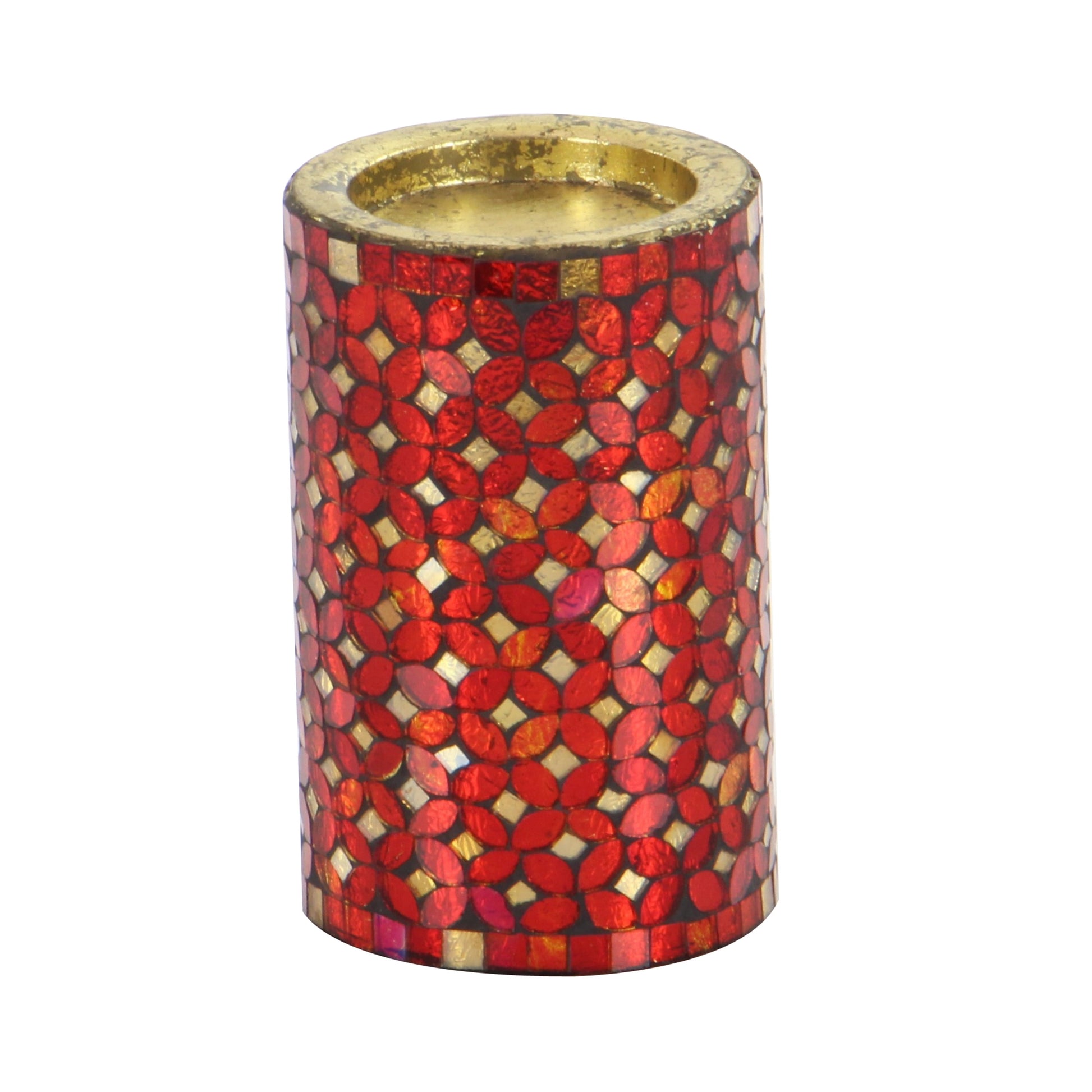 3 Candle Red Metal Pillar Candle Holder with Mosaic Pattern, Set of 3