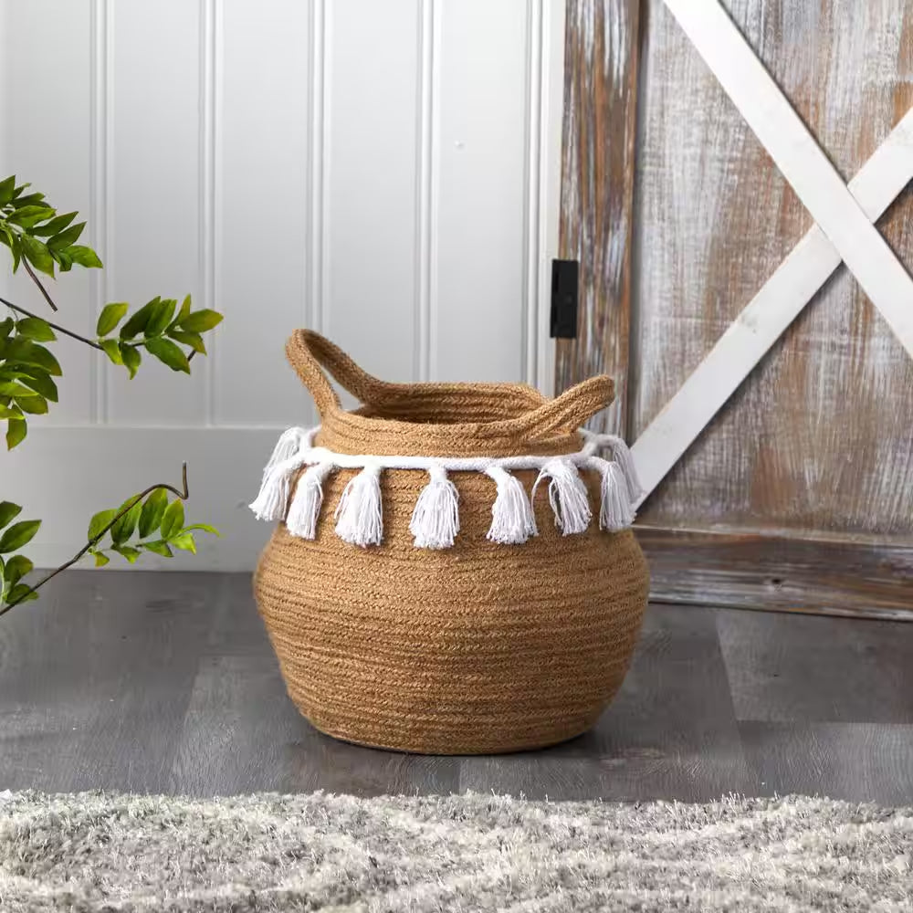 11 In. Natural Boho Chic Handmade Cotton Woven Basket Planter with Tassels