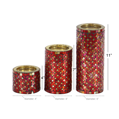 3 Candle Red Metal Pillar Candle Holder with Mosaic Pattern, Set of 3